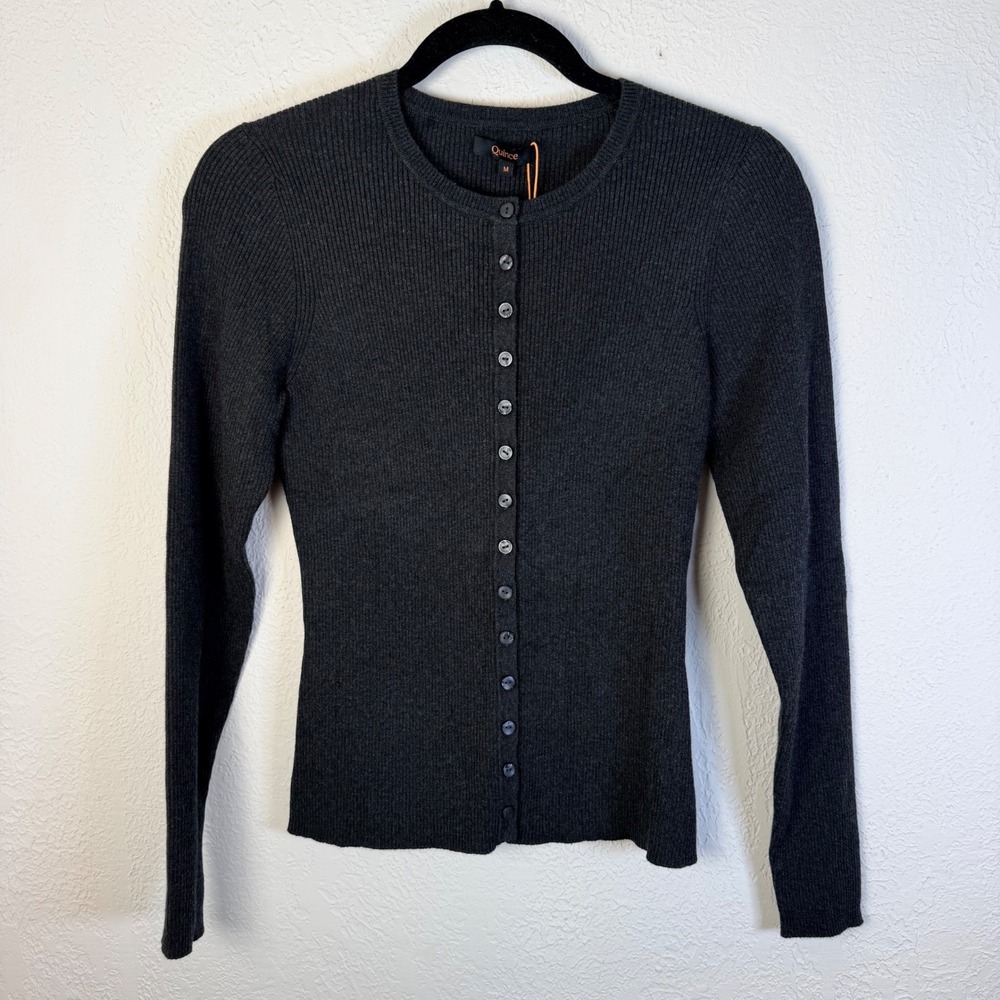 NEW $55 Quince Womens M Cotton Cashmere Fitted Ribbed Cardigan Heather Charcoal